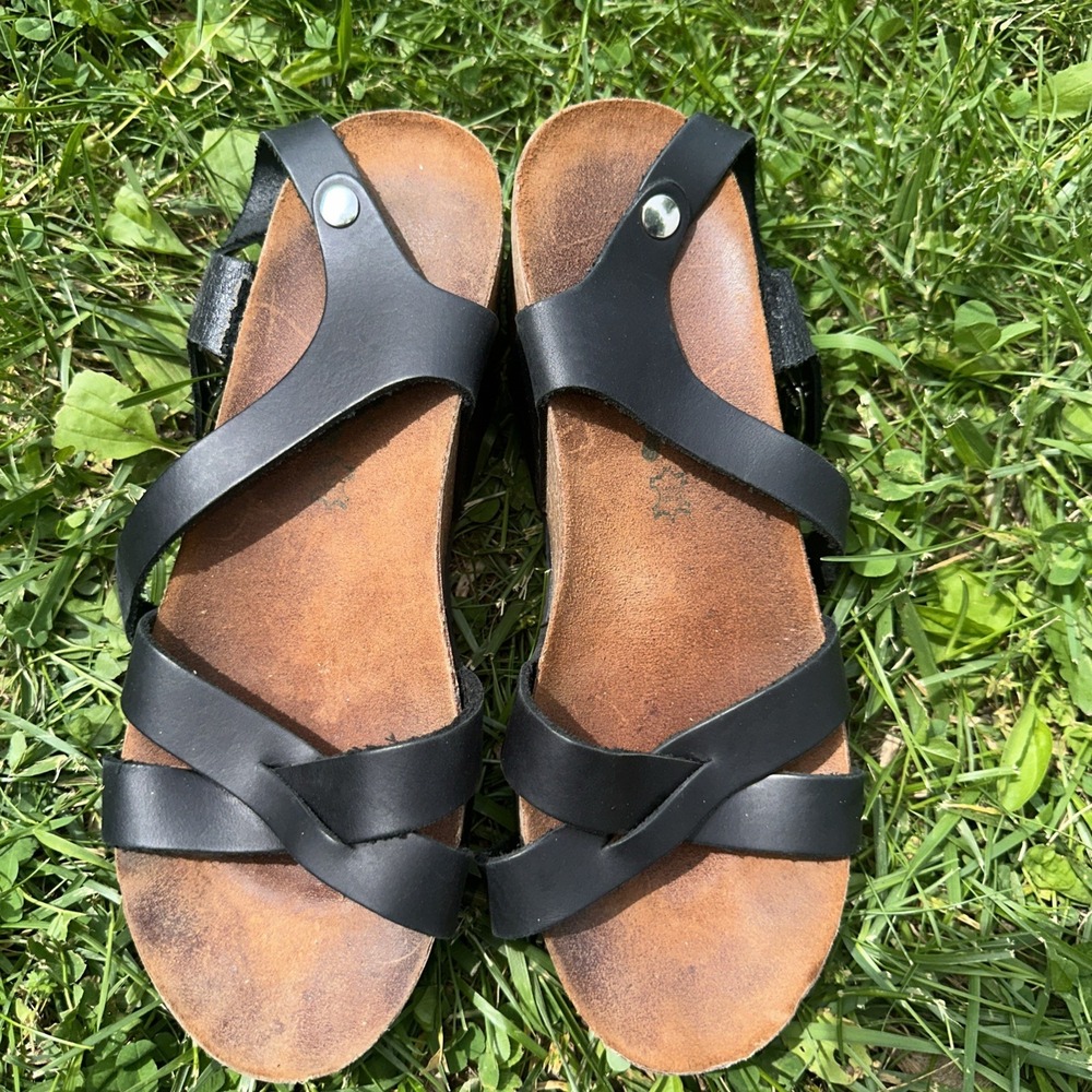 BioNatura Women Black Leather Wedge Sandal Size 40 US 9 Cork Comfort Shoe Buckle